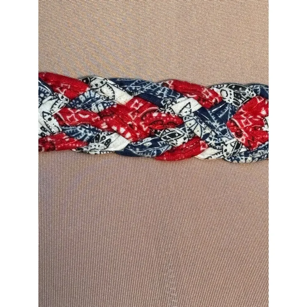 Braided Bandana Print Fabric Belt Red White Blue D Ring Size 7 Western Americana